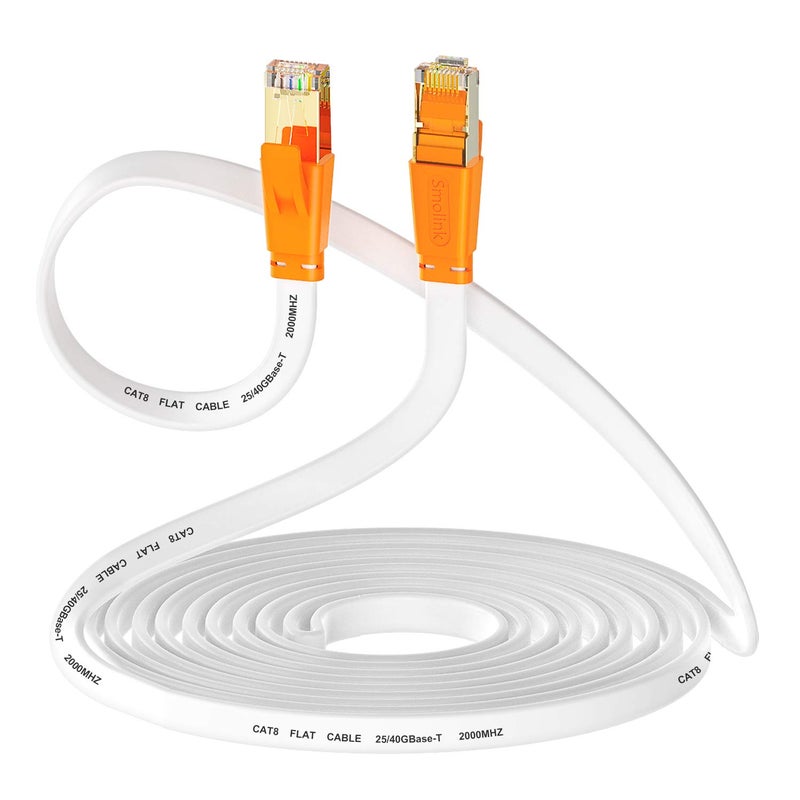 Smolink Ethernet Cable 10 FT, Cat 8 Ethernet Cable 2000Mhz 40Gbps, Internet Cable Professional Flat LAN Cable SFTP Patch Cord with Gold Plated RJ45 Connector for Router Modem, White - Image 1